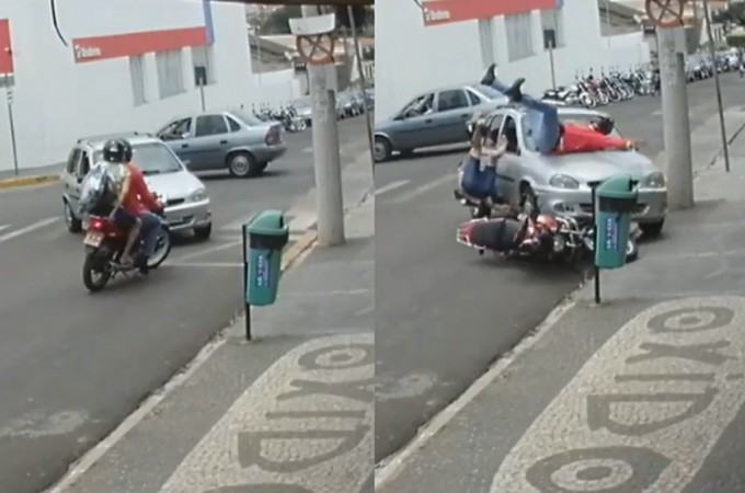 Motociclista e garupa so arremessados em coliso com carro