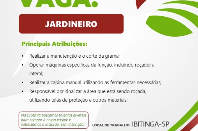 Empresa contrata Jardineiro para trabalhar em Ibitinga